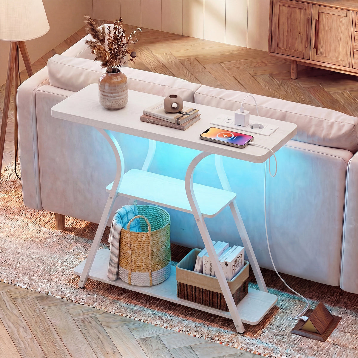 Console Table with LED Lights Power Outlets and Storage Shelves for Entryway-White