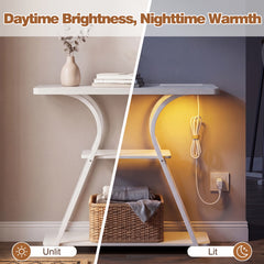 Console Table with LED Lights Power Outlets and Storage Shelves for Entryway-White