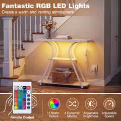 Console Table with LED Lights Power Outlets and Storage Shelves for Entryway-White