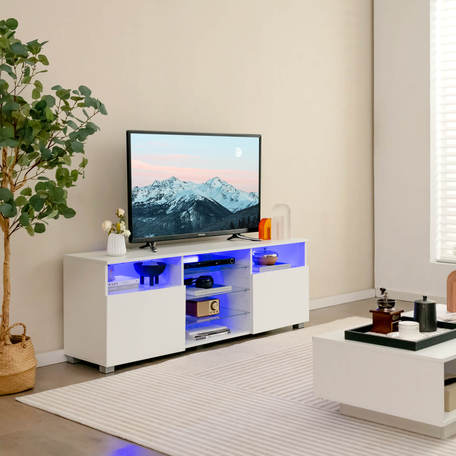 Console TV Stand for TVs up to 65" with LED Lights and 2 Doors-White