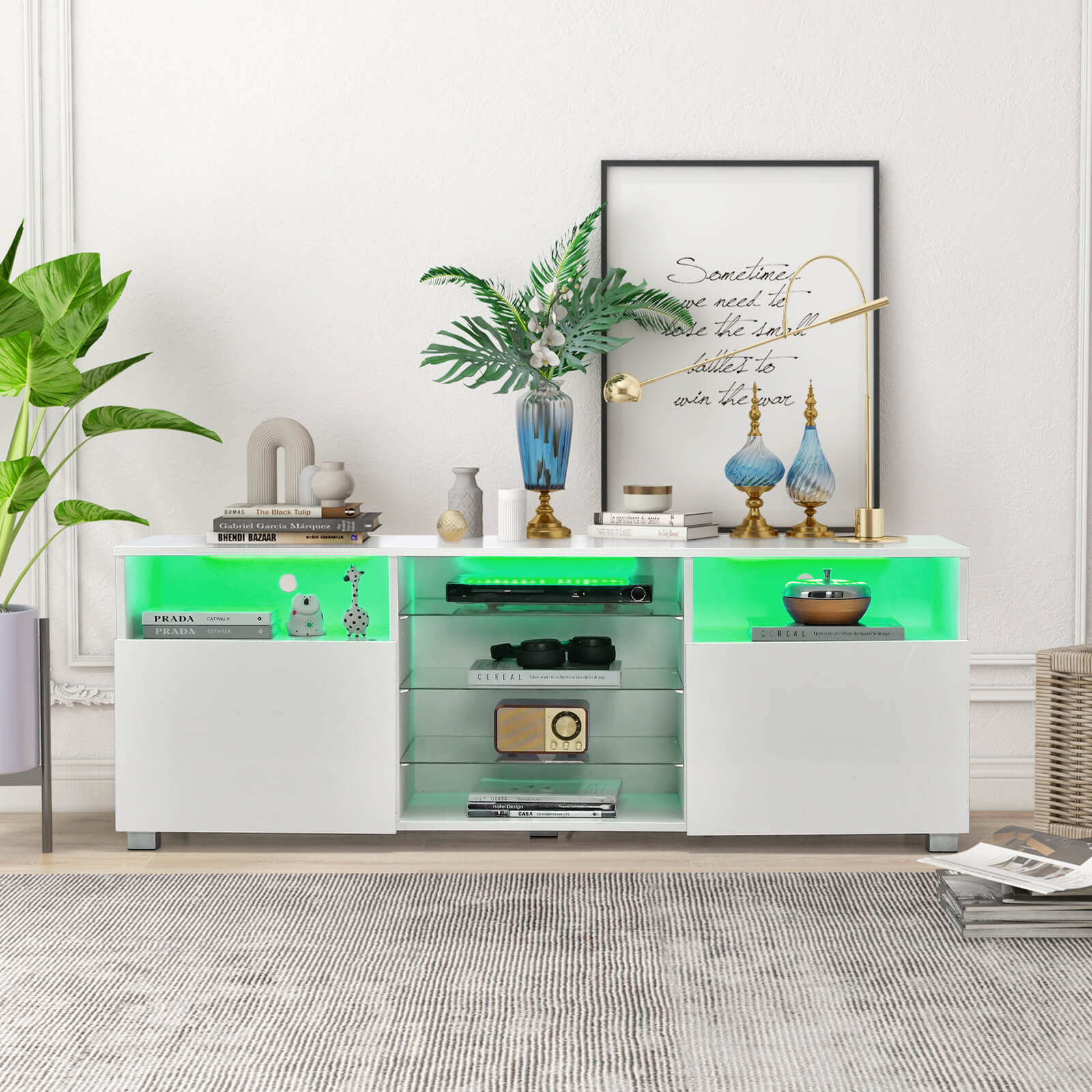 Console TV Stand for TVs up to 65" with LED Lights and 2 Doors-White