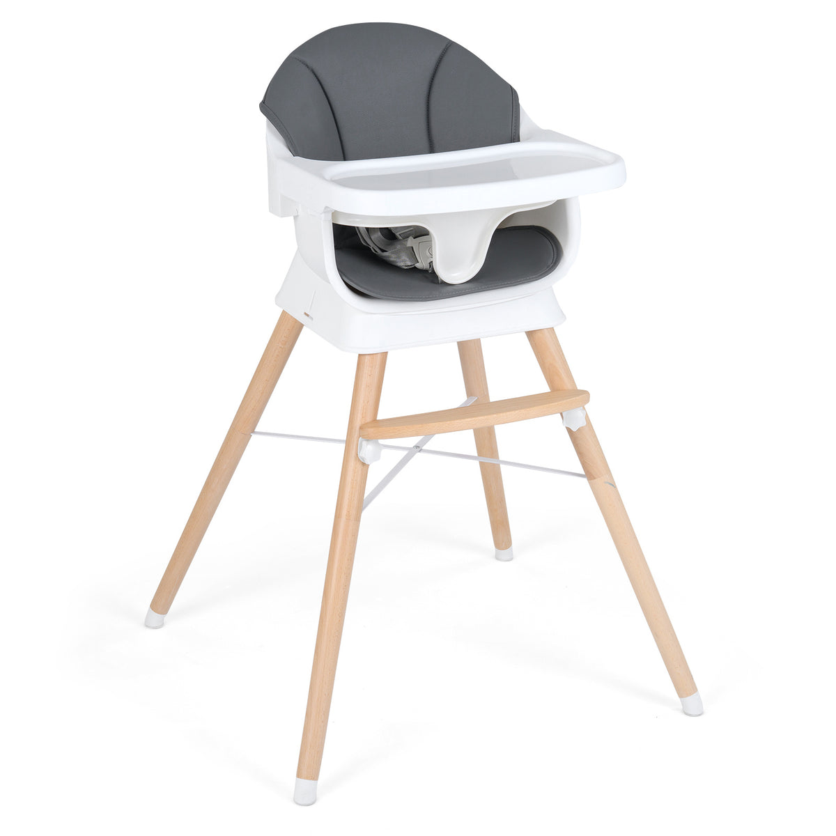 The high chair with a grey seat pad and white tray on a plain white background