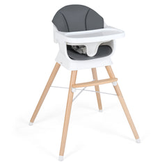 The high chair with a grey seat pad and white tray on a plain white background