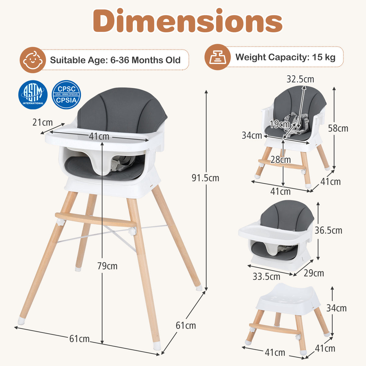 The high chair with technical diagrams showing dimensions and different configurations