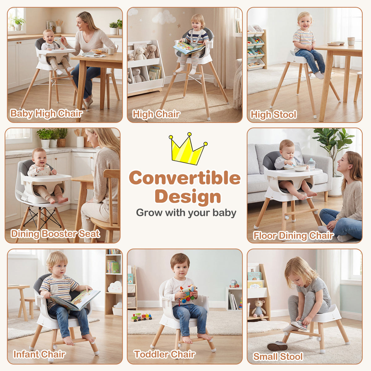 The high chair shown in multiple configurations for different ages and uses
