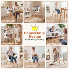 The high chair shown in multiple configurations for different ages and uses
