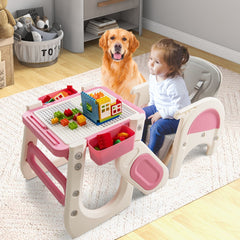 The high chair converted into a small table with a child playing with building blocks
