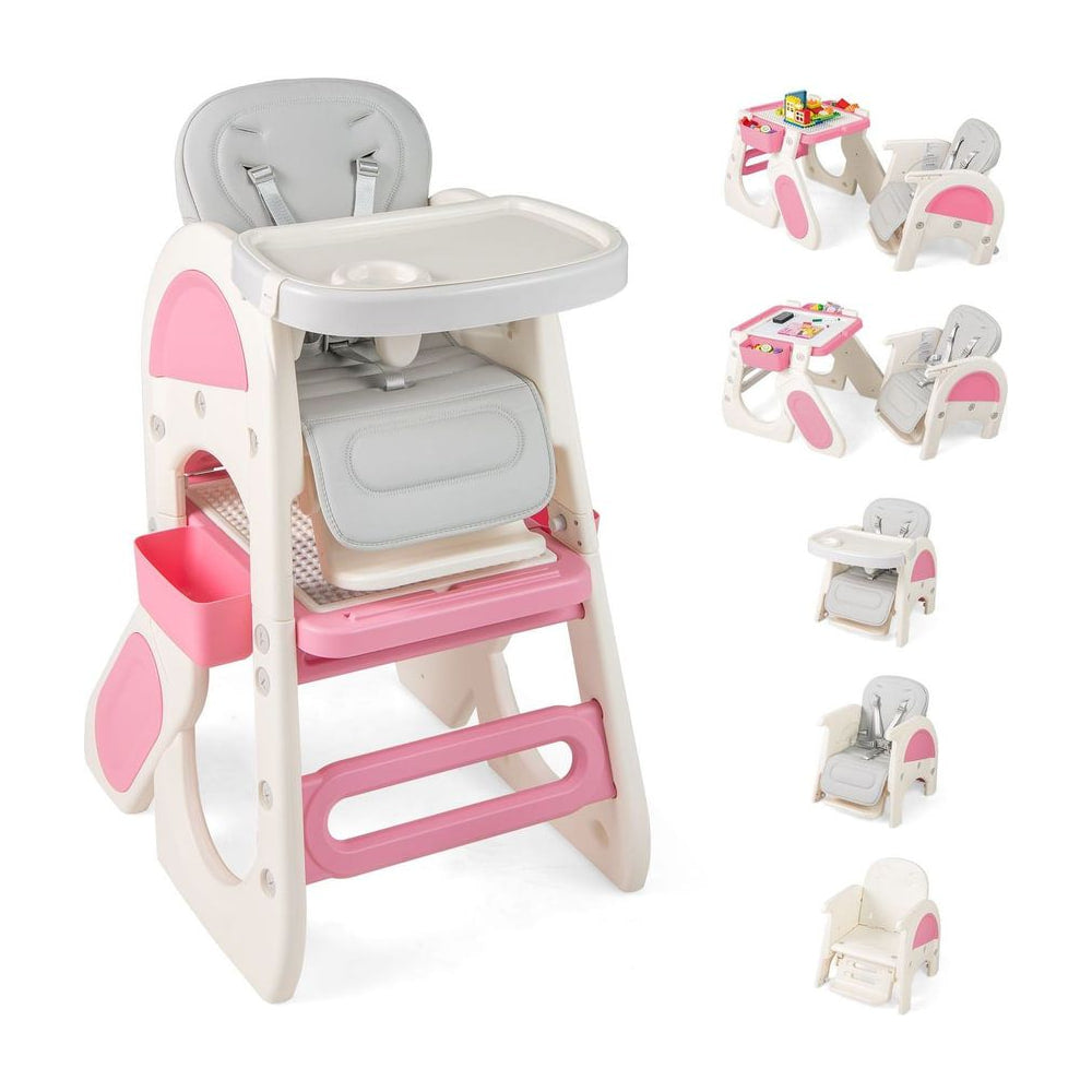 Convertible Baby High Chair in pink and white with a tray and storage basket