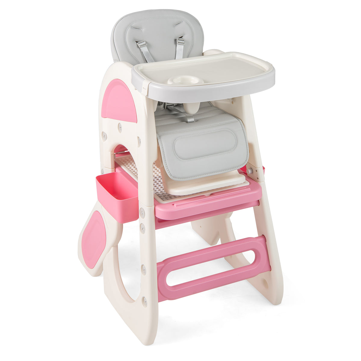 The high chair shown from a front angle with a grey seat cushion and tray