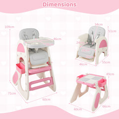The high chair and its separate components shown with various size measurements
