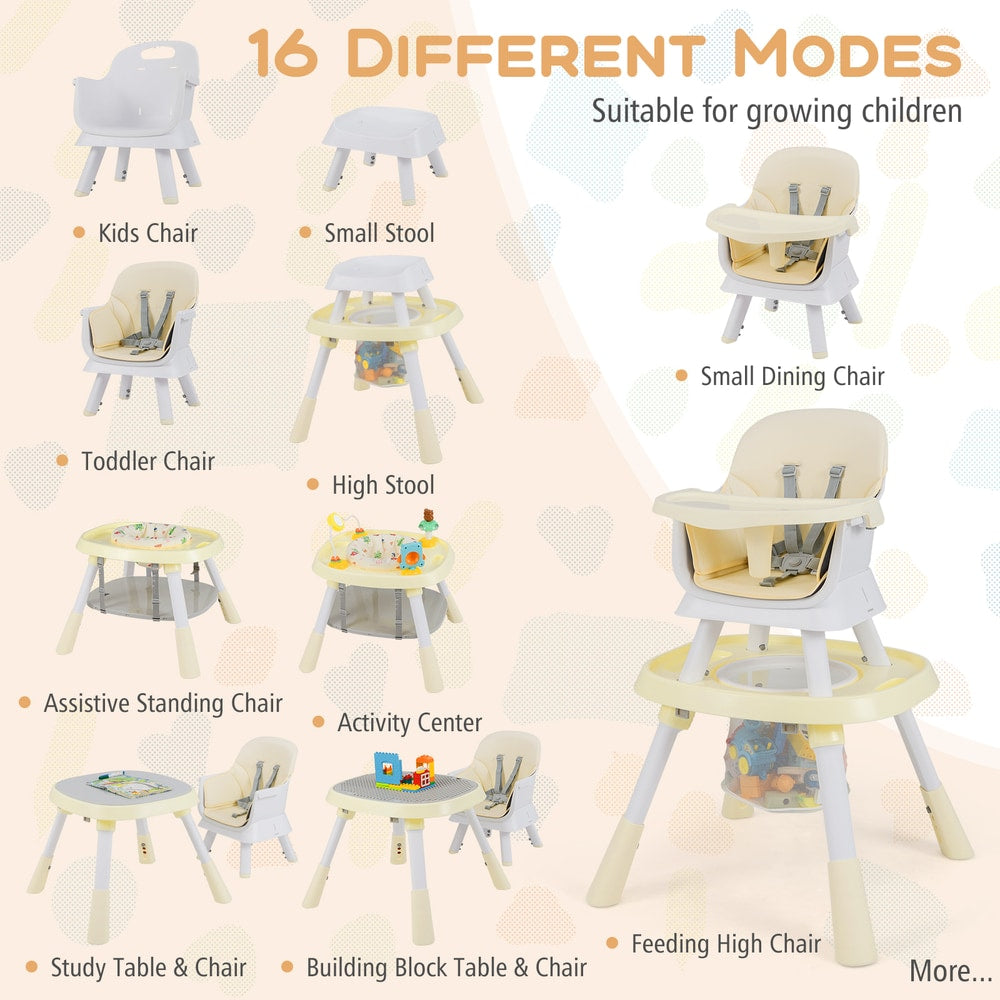 The high chair displayed in multiple configurations showing its versatile modes