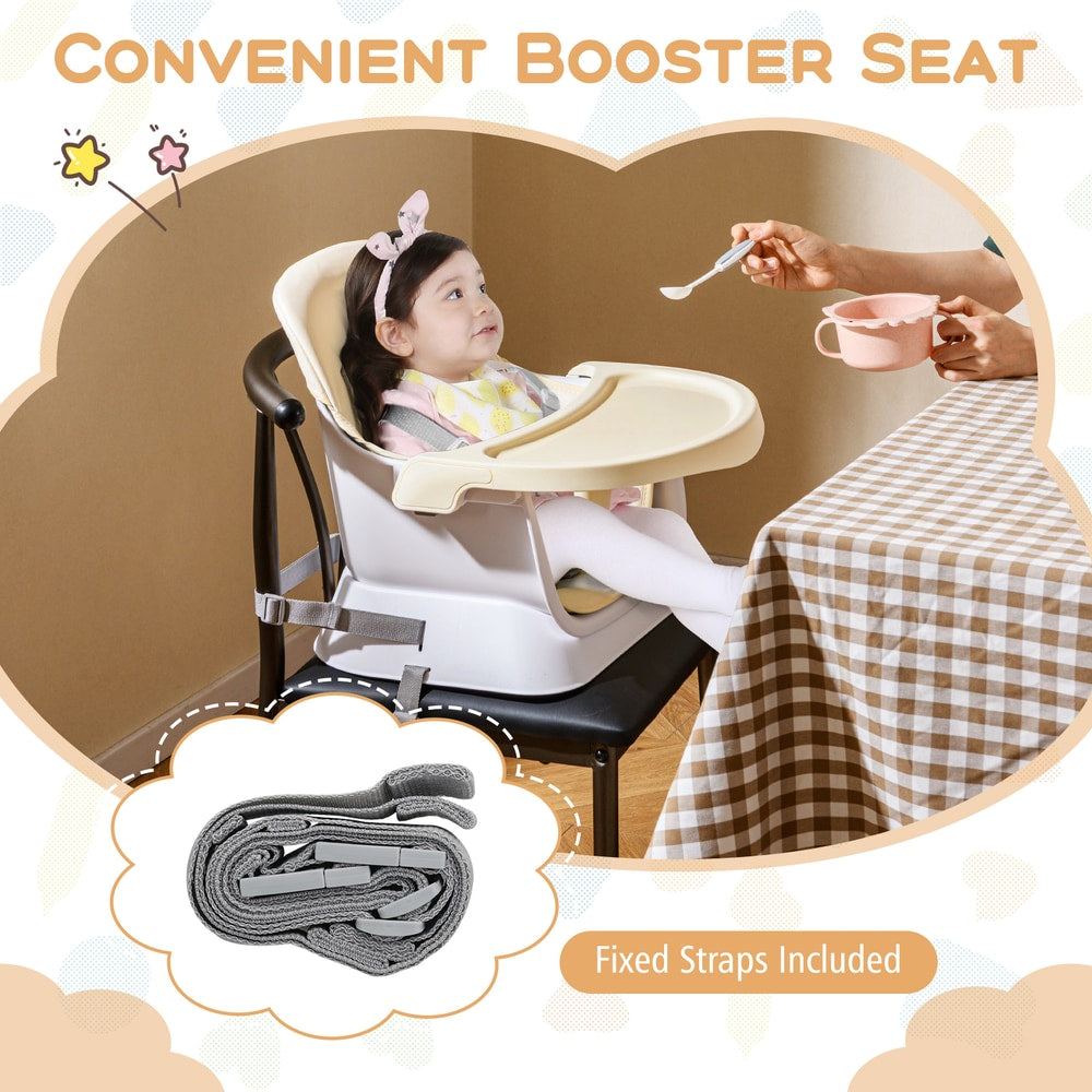 The booster seat attached to a dining chair with a close-up of the included straps