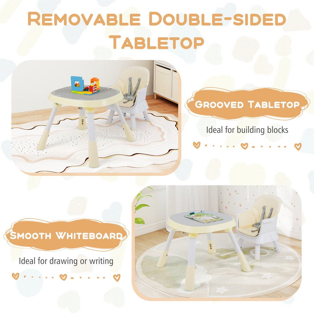 The convertible baby high chair with a removable double-sided tabletop for drawing or building blocks