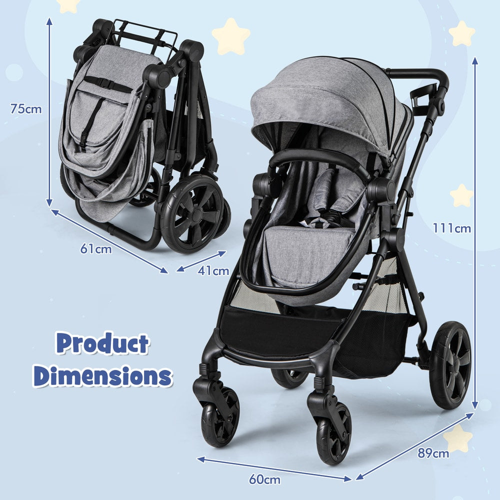 The baby stroller shown in both folded and unfolded positions with size indicators