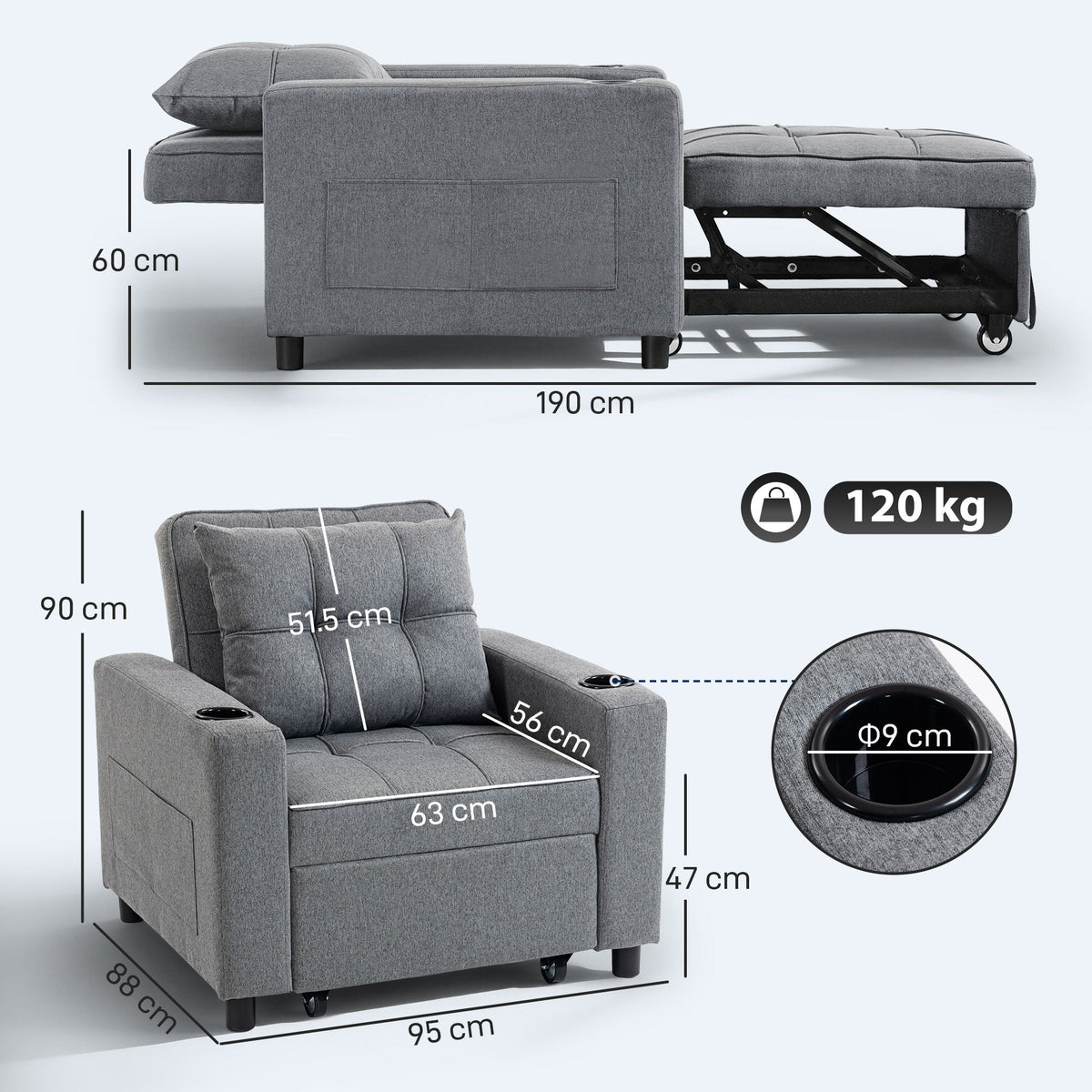 Gray armchair with dimensions and weight capacity displayed on a white background