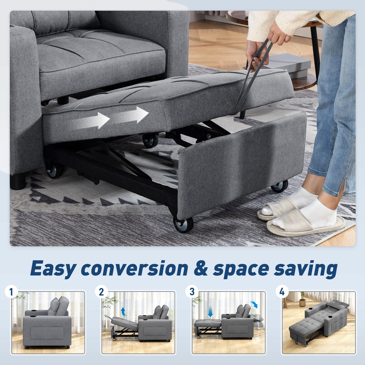 Gray sectional sofa being converted into a single bed with text 'Easy conversion & space saving'.