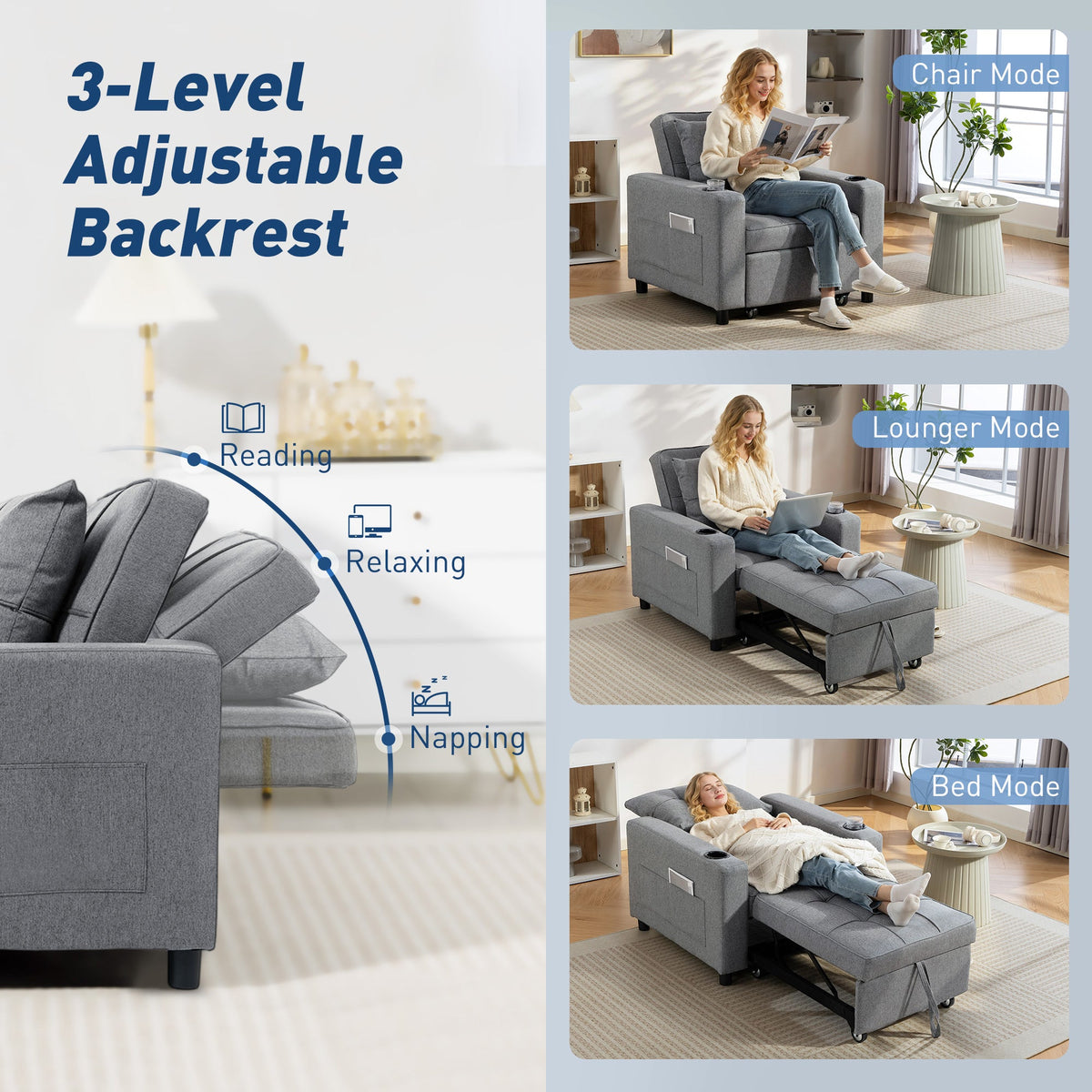 Gray recliner sofa with 3-level adjustable backrest feature, shown in reading, relaxing, and napping modes.