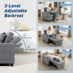 Gray recliner sofa with 3-level adjustable backrest feature, shown in reading, relaxing, and napping modes.