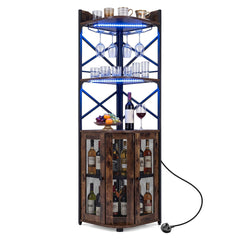 Corner Bar Cabinet with LED Lights Power Outlet and Glass Holder Storage Shelves-Rustic Brown