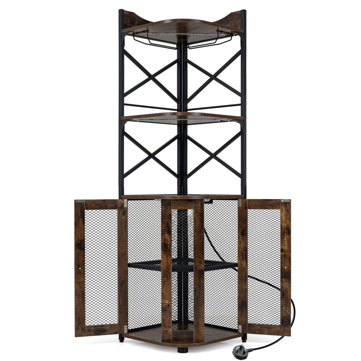 Corner Bar Cabinet with LED Lights Power Outlet and Glass Holder Storage Shelves-Rustic Brown