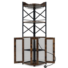 Corner Bar Cabinet with LED Lights Power Outlet and Glass Holder Storage Shelves-Rustic Brown