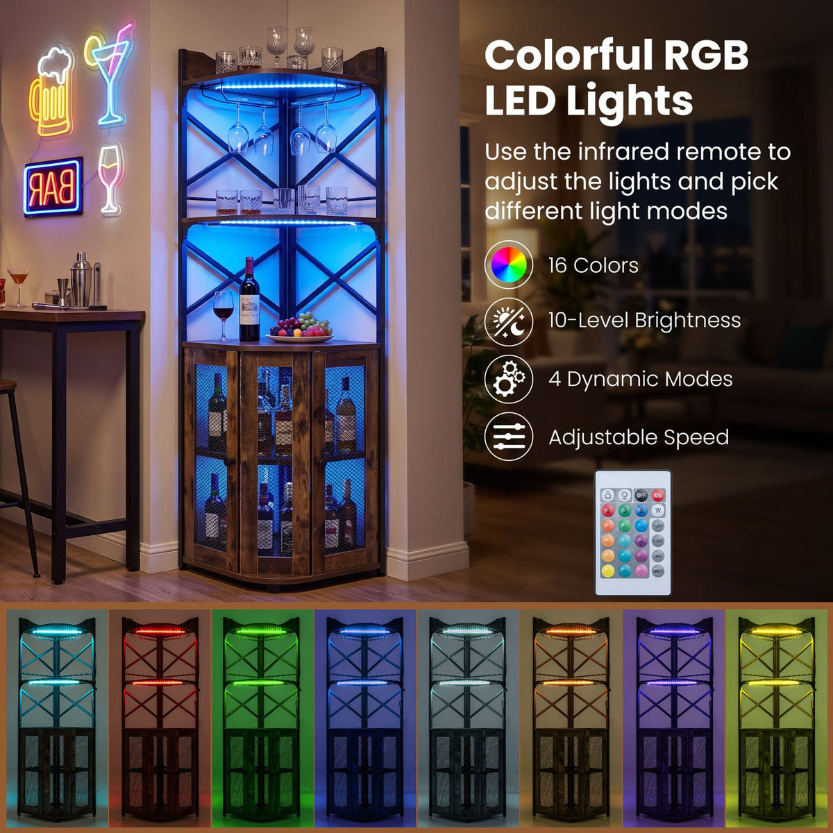 Corner Bar Cabinet with LED Lights Power Outlet and Glass Holder Storage Shelves-Rustic Brown