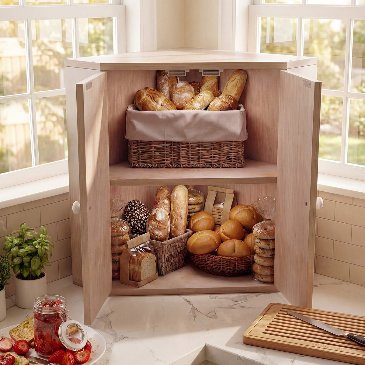 Corner Bread Box for Kitchen Counter Bamboo Double Layer Breadbox Organizer-White