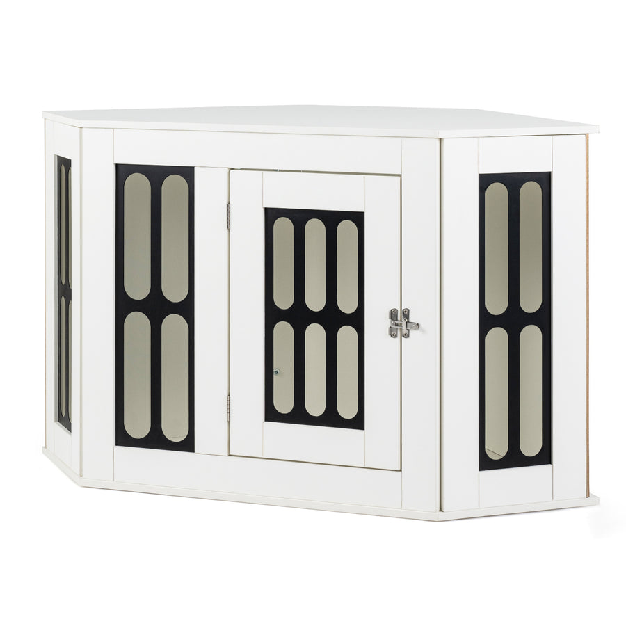 Corner Dog Crate Furniture Metal Side Table for Small Dogs-White