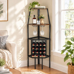 Corner Wine Rack with Glass Holder and Storage Shelves in Rustic Brown, image 2
