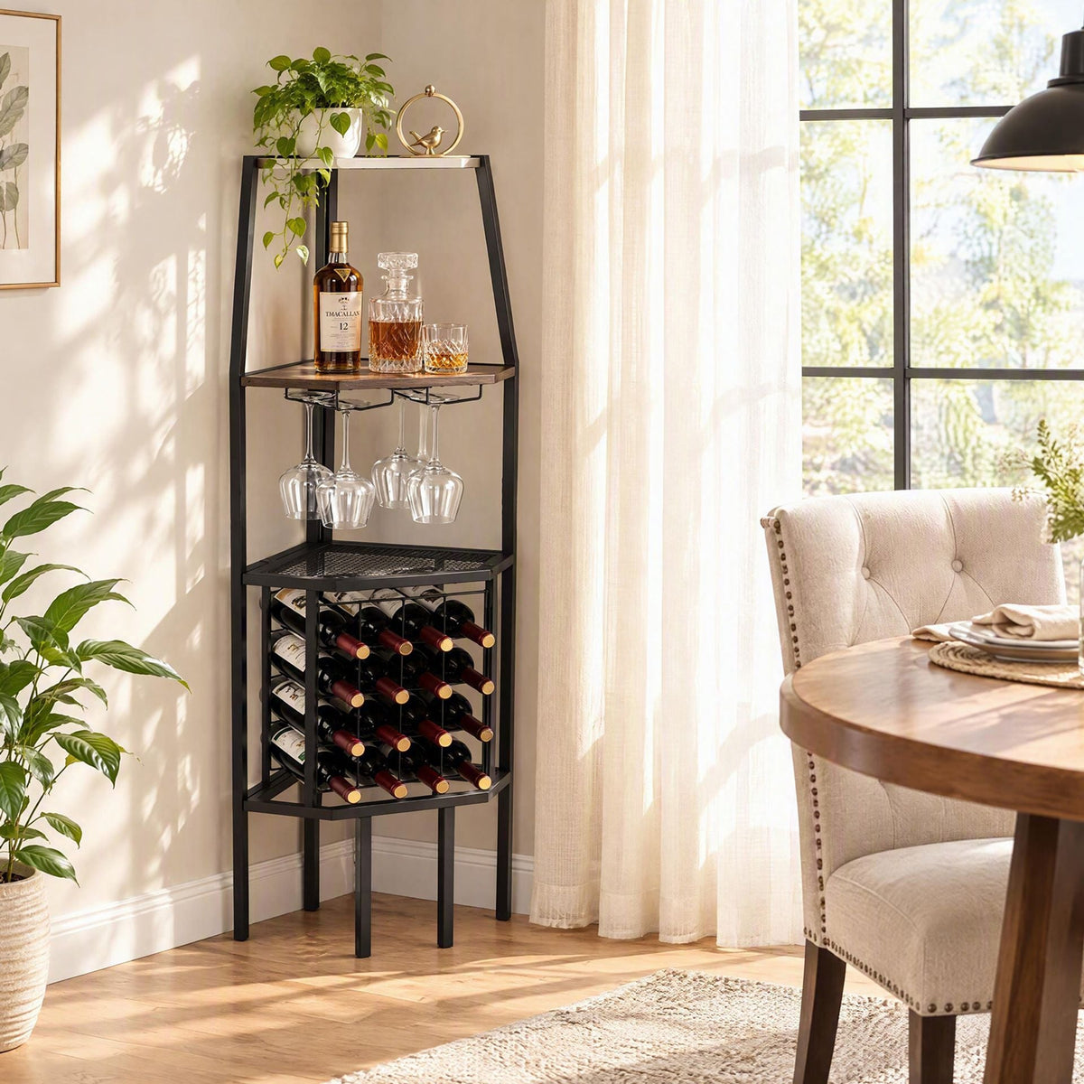 Corner Wine Rack with Glass Holder and Storage Shelves in Rustic Brown, image 3