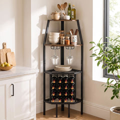 Corner Wine Rack with Glass Holder and Storage Shelves in Rustic Brown, image 6