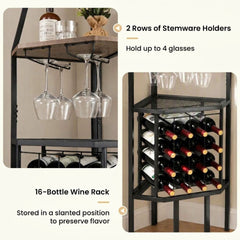 Corner Wine Rack with Glass Holder and Storage Shelves in Rustic Brown, image 7