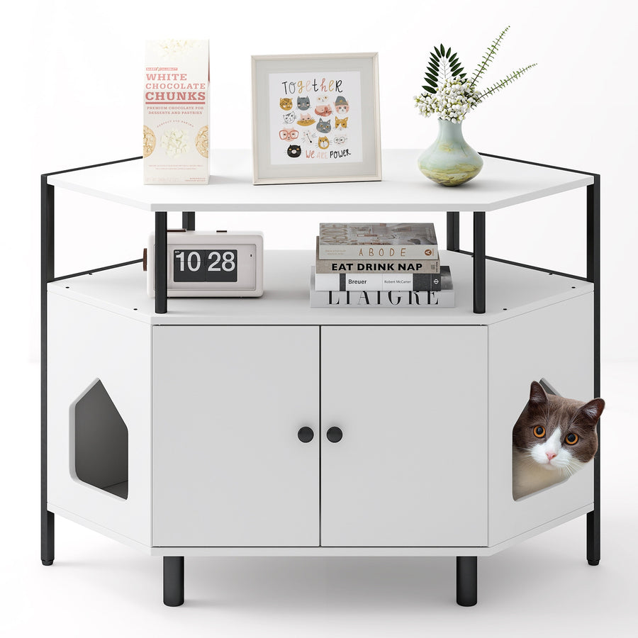 Corner Cat Litter Box Enclosure with Open Shelf-White
