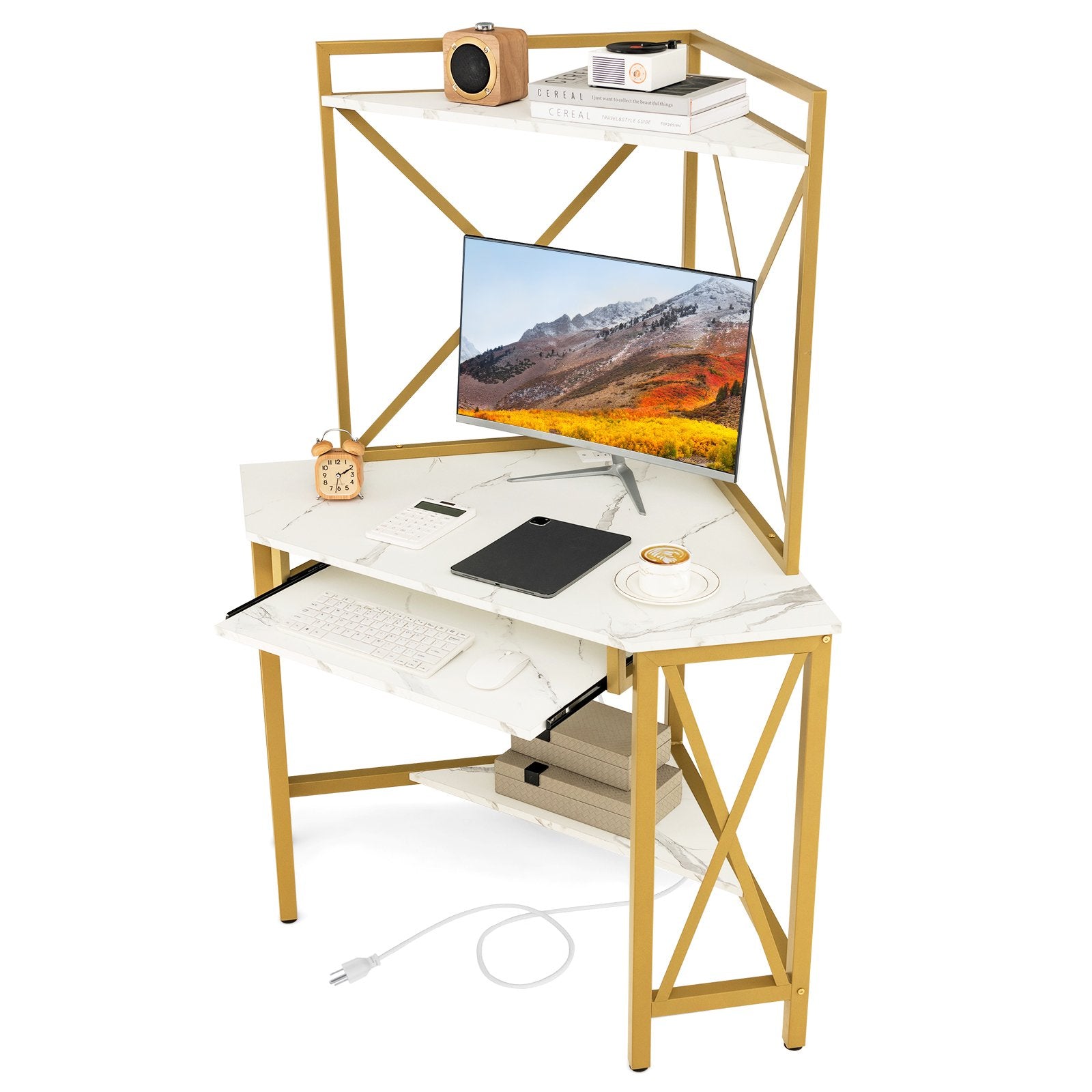 Corner Computer Desk with Hutch Storage Shelves and Keyboard Tray-White