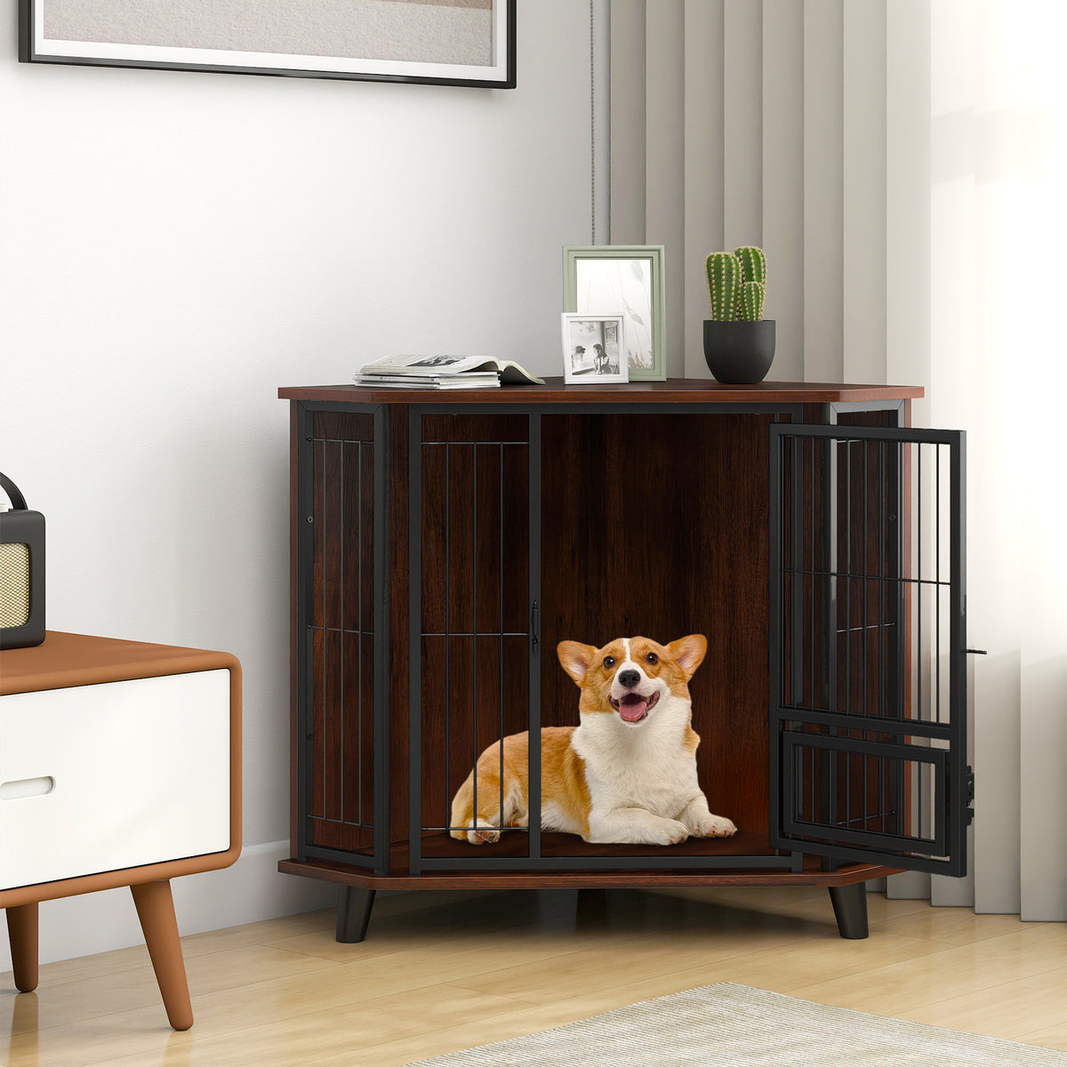 Corner Dog Crate Metal Frame Dog Cage with Feeding Door and Lockable Door
