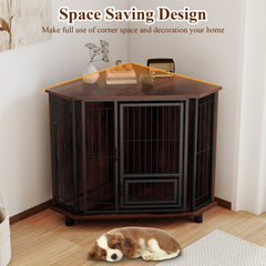 Corner Dog Crate Metal Frame Dog Cage with Feeding Door and Lockable Door