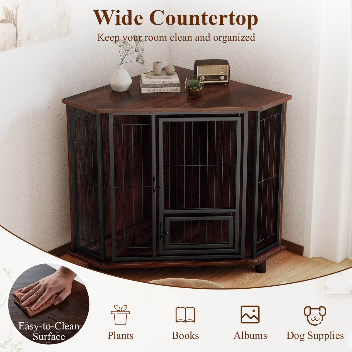 Corner Dog Crate Metal Frame Dog Cage with Feeding Door and Lockable Door