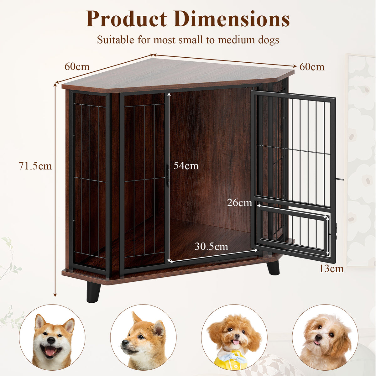 Corner Dog Crate Metal Frame Dog Cage with Feeding Door and Lockable Door