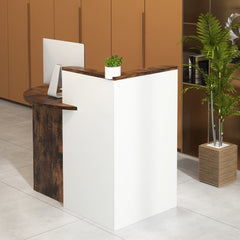 The reception counter desk in a modern office with a computer and plant on top