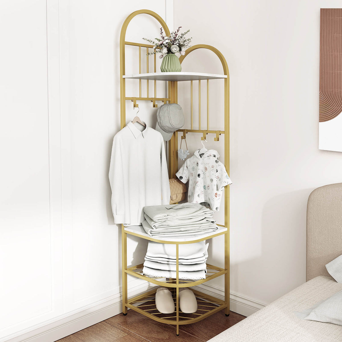 Corner Hall Tree 4-Tier Coat Rack with Storage Bench and Hooks-White and Golden