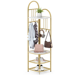 Corner Hall Tree 4-Tier Coat Rack with Storage Bench and Hooks-White and Golden
