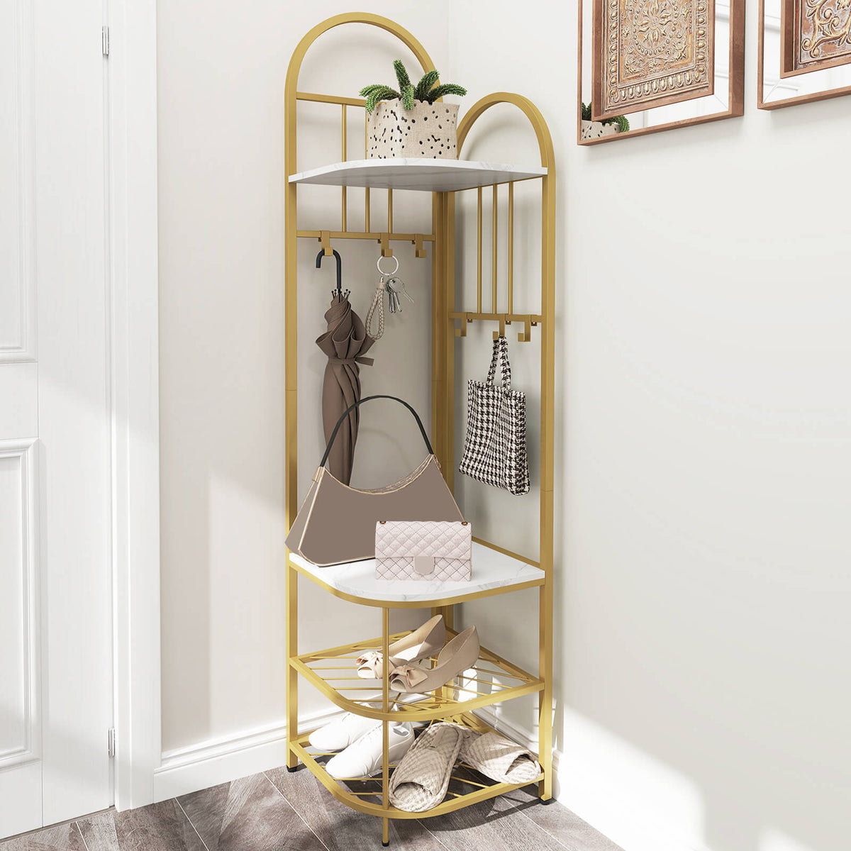 Corner Hall Tree 4-Tier Coat Rack with Storage Bench and Hooks-White and Golden
