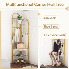 Corner Hall Tree 4-Tier Coat Rack with Storage Bench and Hooks-White and Golden