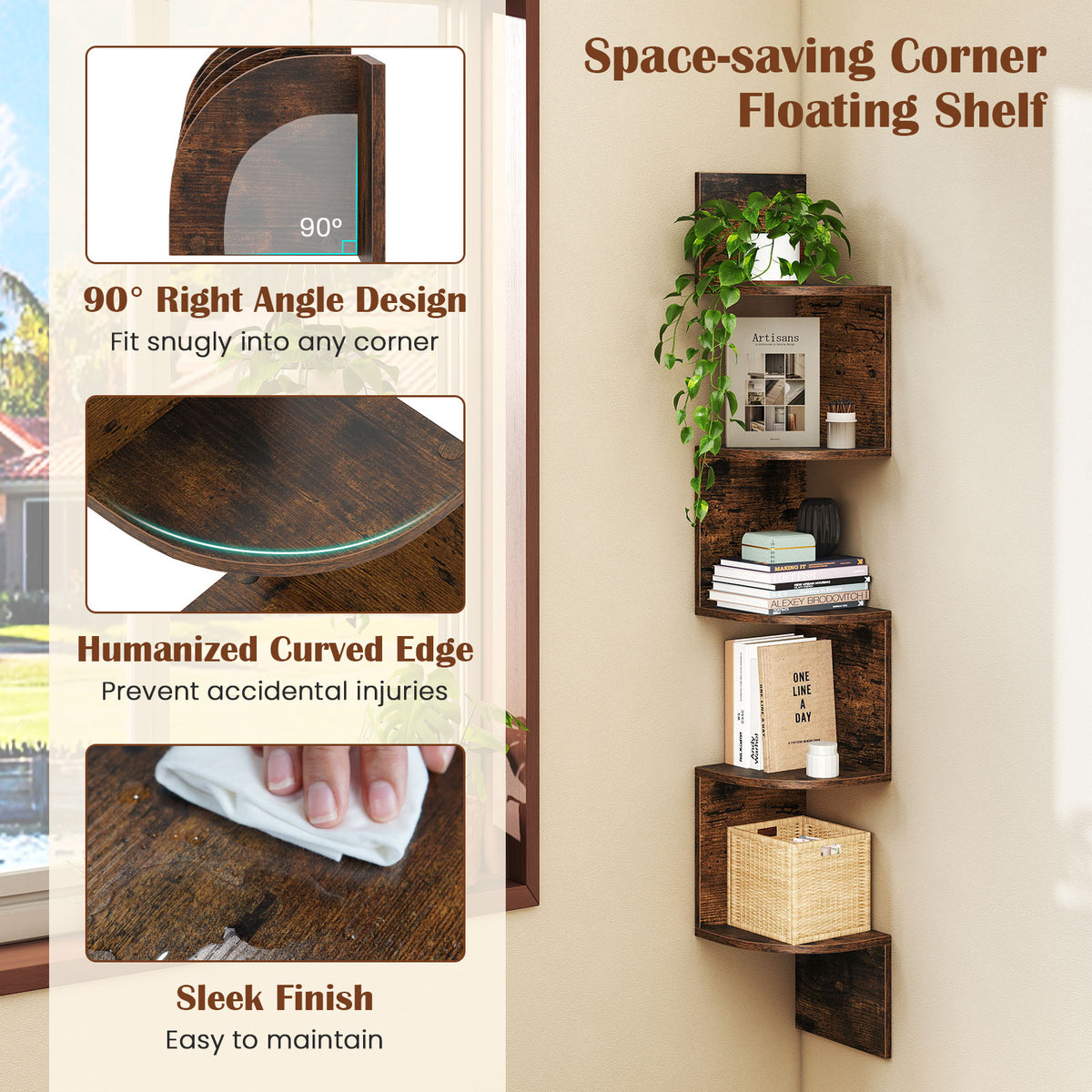 5-Tier Corner Shelf Wall Mount Floating Corner Bookshelf Corner Ladder Shelf-Rustic Brown