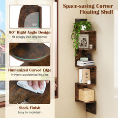 5-Tier Corner Shelf Wall Mount Floating Corner Bookshelf Corner Ladder Shelf-Rustic Brown