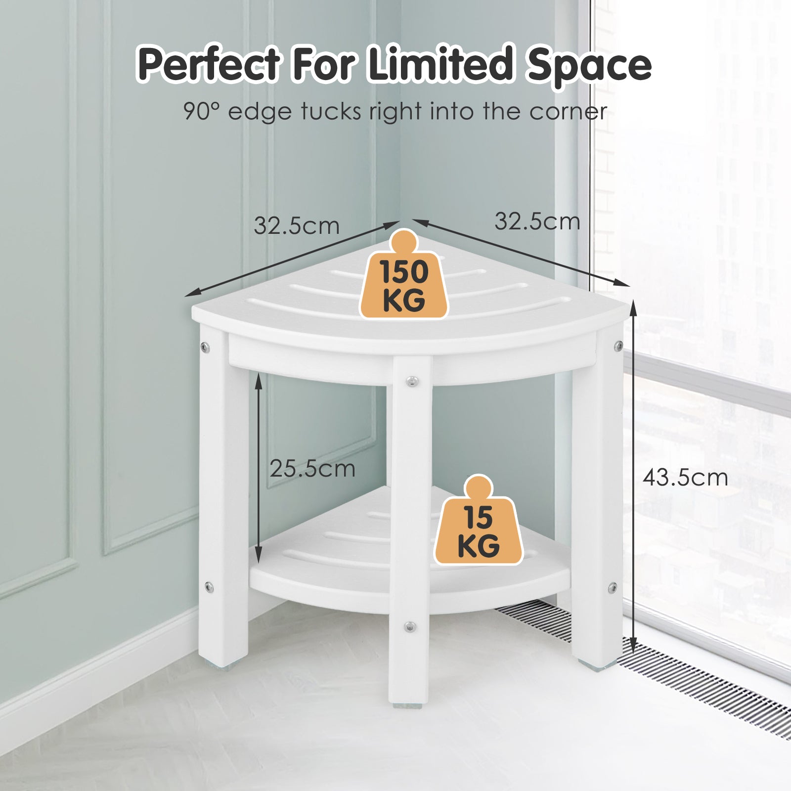 Waterproof Corner Shower Bench Stool with Storage Shelf for Shaving Legs-White