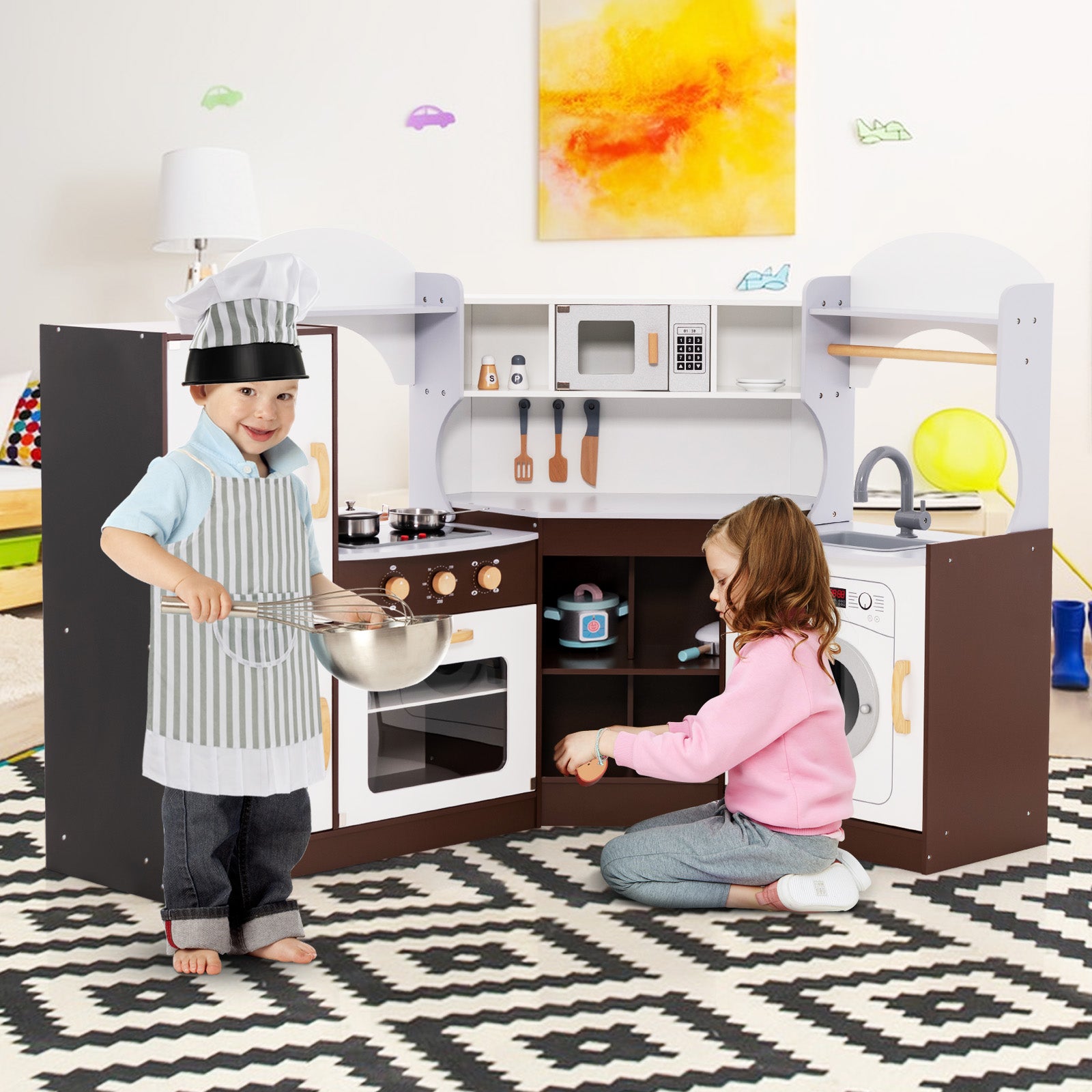 Corner Wooden Play Kitchen with Lights and Sounds for Toddlers