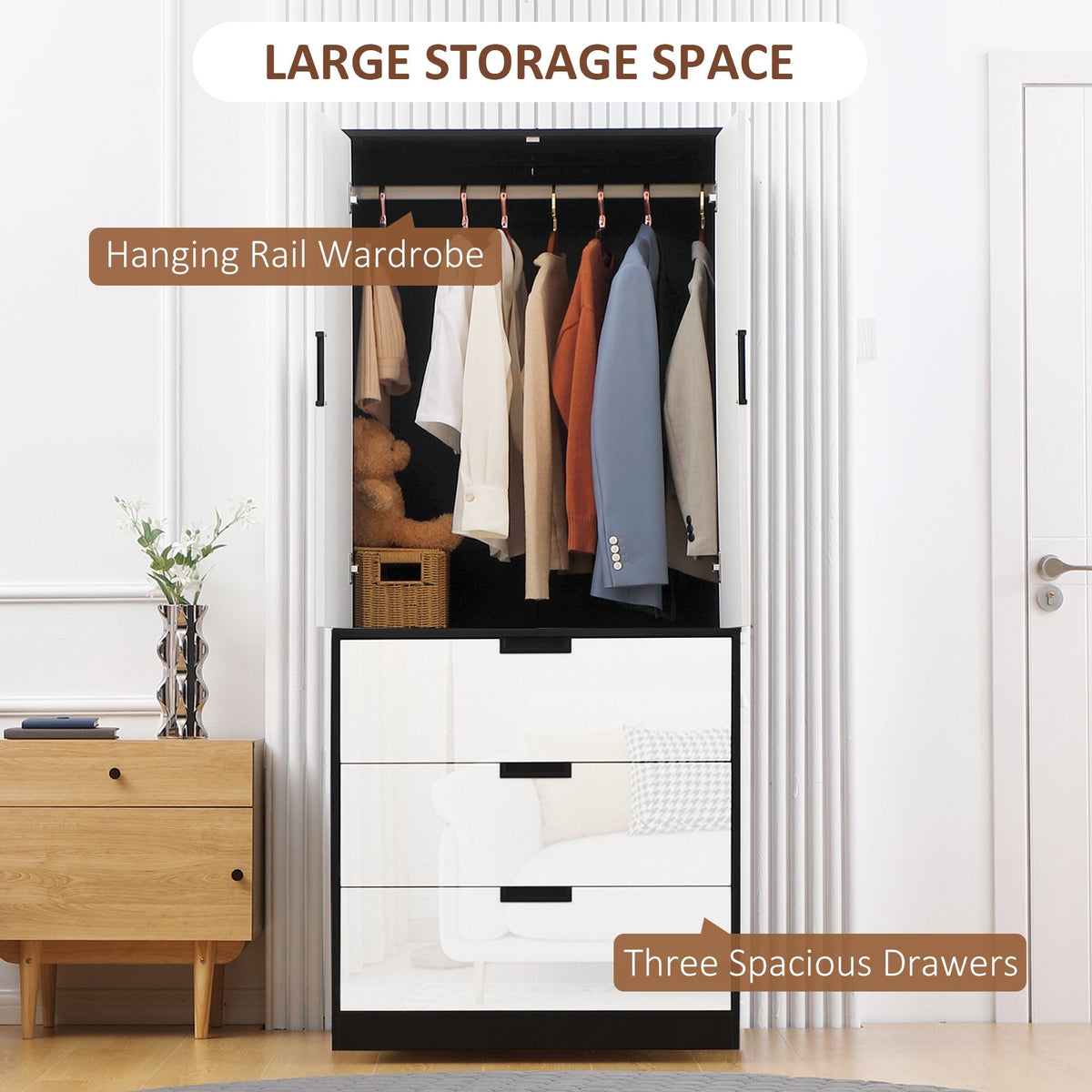 HOMCOM 2 Door Wardrobe, Modern Wardrobe with 3 Drawers and Hanging Rod for Bedroom, High Gloss White