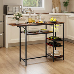Counter Height Bar Table with LED Lights and Foldable Top-Rustic Brown
