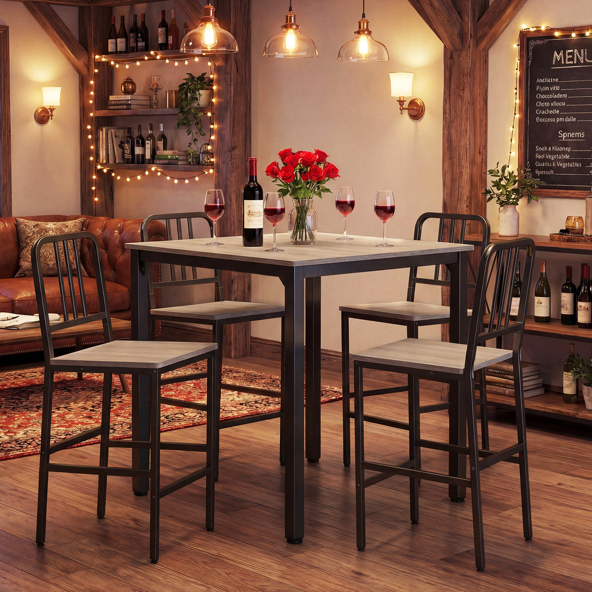 Counter Height Dining Table Set for 4 Kitchen Bar Table and Chairs Set with Faux Marble Surface-Grey